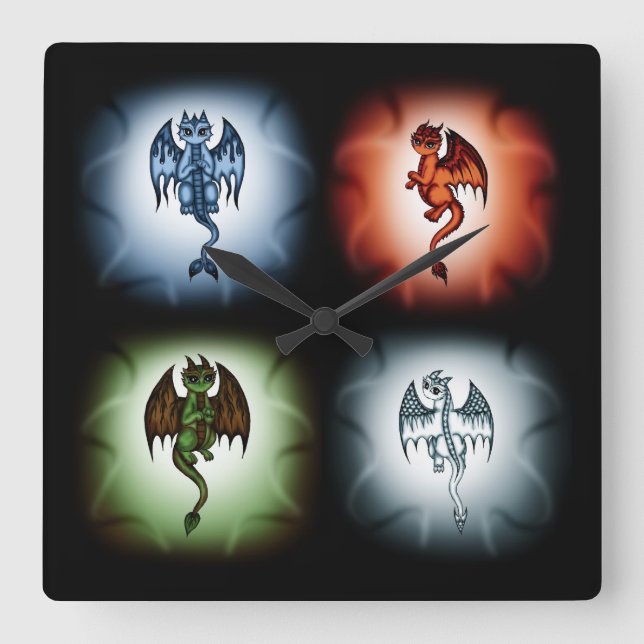 4 Element Dragons Square Wall Clock (Front)