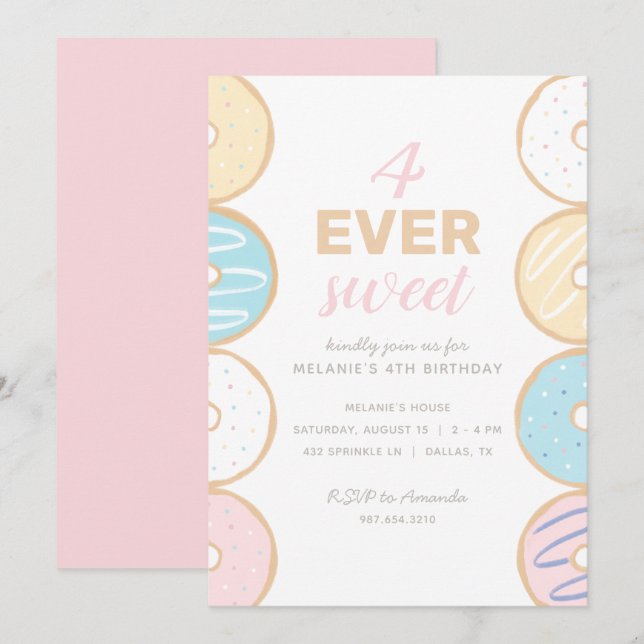 4 Ever Sweet Pastel Doughnut Birthday Party Invita Invitation (Front/Back)