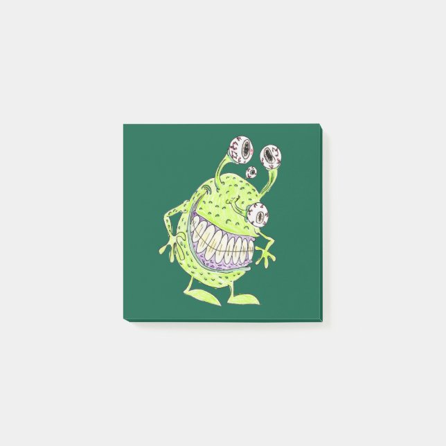 4 eye green monster alien cartoon sticky notes (Front)