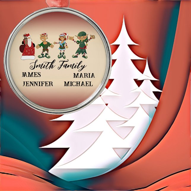 4 Family Members Christmas Dancing Elves Santa Fun Metal Ornament (4 Family Members Christmas Dancing Elves Santa Fun Metal Ornament)