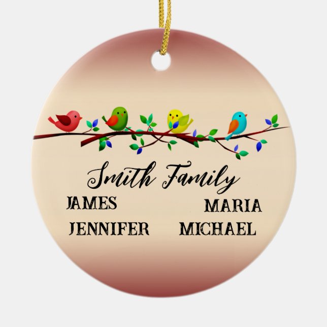4 Family Members Personalised Name Christmas Birds Ceramic Ornament (Front)