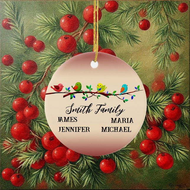 4 Family Members Personalised Name Christmas Birds Ceramic Ornament (4 Family Members Personalized Name Christmas Birds Ceramic Ornament)