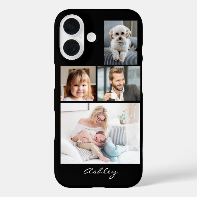 4 Family or Friends Photos, Script Name on Black Case-Mate iPhone Case (Back)