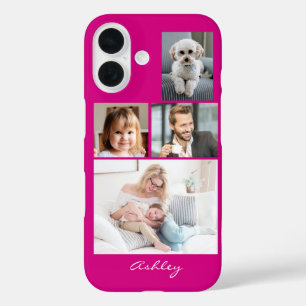 4 Family or Friends Photos, Script Name on Fuchsia iPhone 16 Case