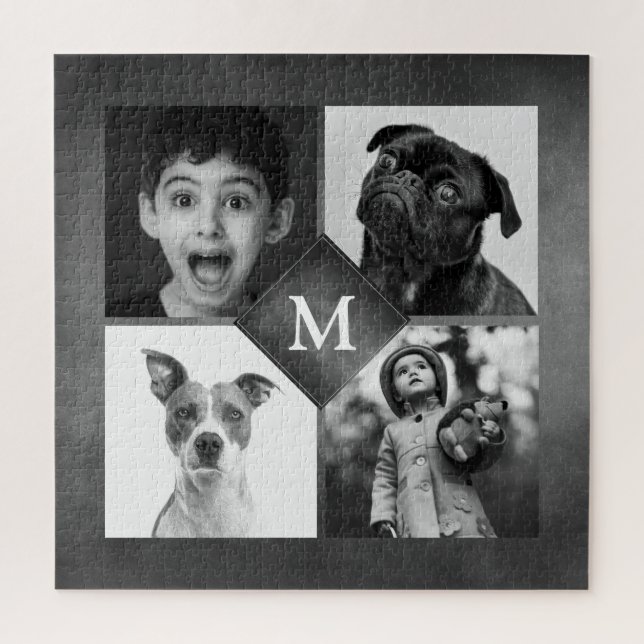 4 Family Photos Collage Black Chalkboard Monogram  Jigsaw Puzzle (Vertical)