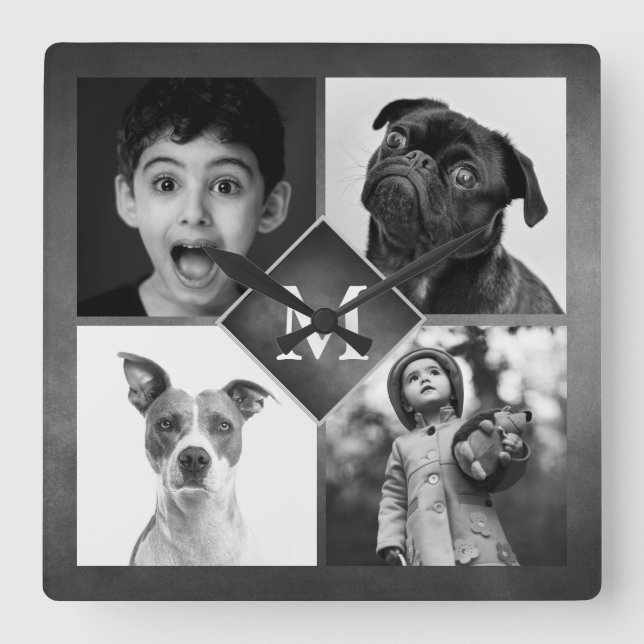 4 Family Photos Collage Black Chalkboard Monogram Square Wall Clock (Front)