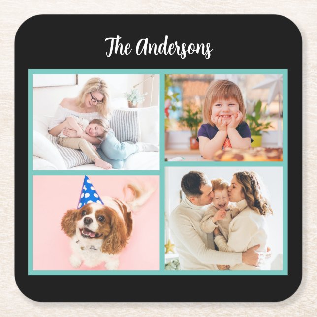 4 Family Photos & Name on Black, Teal Border Square Paper Coaster (Front)