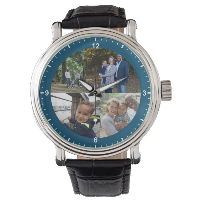 4 Family Photos Template Simple Blue Teal Border Watch (Front)