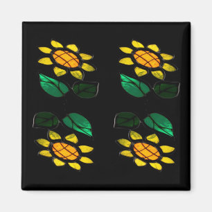4 Flowers Stained Glass Square Magnet