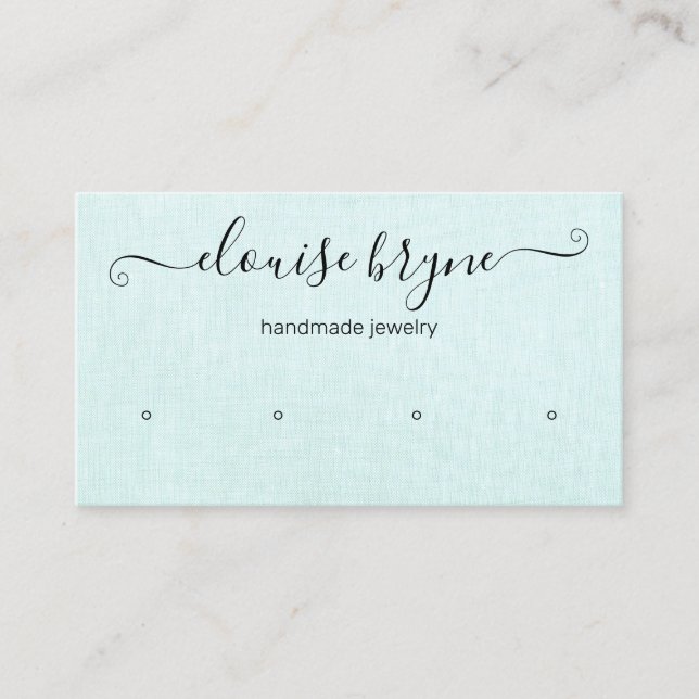 4 Four Hole Earring Aqua Blue Linen Script  Business Card (Front)