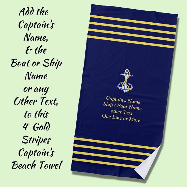 4 Gold Stripes for Captain - Add Name & Other Text Beach Towel (Creator Uploaded)