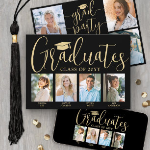 4 Grads Photos Joint Graduation Party Black & Gold Invitation