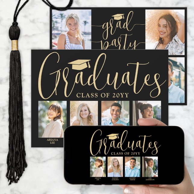 4 Grads Photos Joint Graduation Party Black & Gold Invitation (Creator Uploaded)