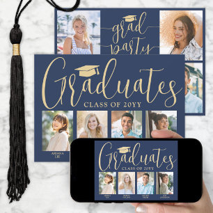4 Grads Photos Joint Graduation Party Navy & Gold Invitation