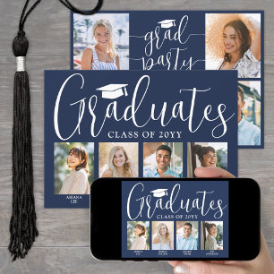 4 Grads Photos Joint Graduation Party Navy & White Invitation