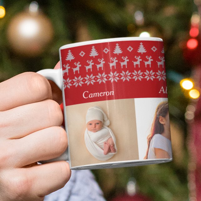 4 Grandkids Photo Festive Red Christmas Reindeer Coffee Mug (Creator Uploaded)