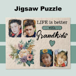 4 grandkids photo floral green jigsaw puzzle<br><div class="desc">Brighten your day with our beautiful floral jigsaw puzzle! Featuring four lovely photo slots to showcase your favourite grandkid moments, this puzzle is the perfect way to celebrate family. Adorned with vibrant flowers and the heartfelt message "Life is better with Grandkids" in stylish black text, it’s a delightful challenge that...</div>
