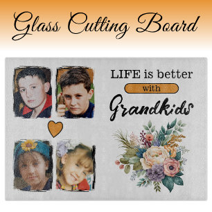4 grandkids photo floral orange cutting board