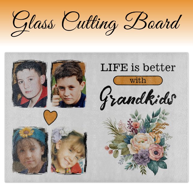 4 grandkids photo floral orange cutting board (Creator Uploaded)