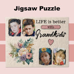 4 grandkids photo floral pink jigsaw puzzle<br><div class="desc">Brighten your day with our beautiful floral jigsaw puzzle! Featuring four lovely photo slots to showcase your favourite grandkid moments, this puzzle is the perfect way to celebrate family. Adorned with vibrant flowers and the heartfelt message "Life is better with Grandkids" in stylish black text, it’s a delightful challenge that...</div>