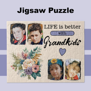 4 grandkids photo floral purple jigsaw puzzle