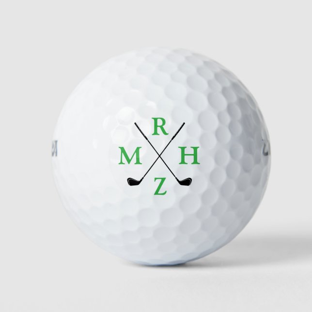 4 Green Initials Monogram with Golf-Clubs Golf Balls (Front)