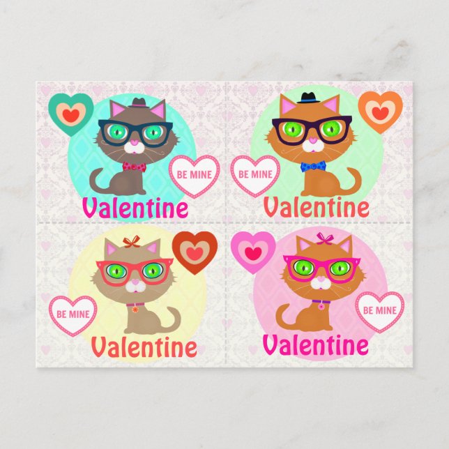 4 Hipster Cool Cat Valentines Cards (Front)