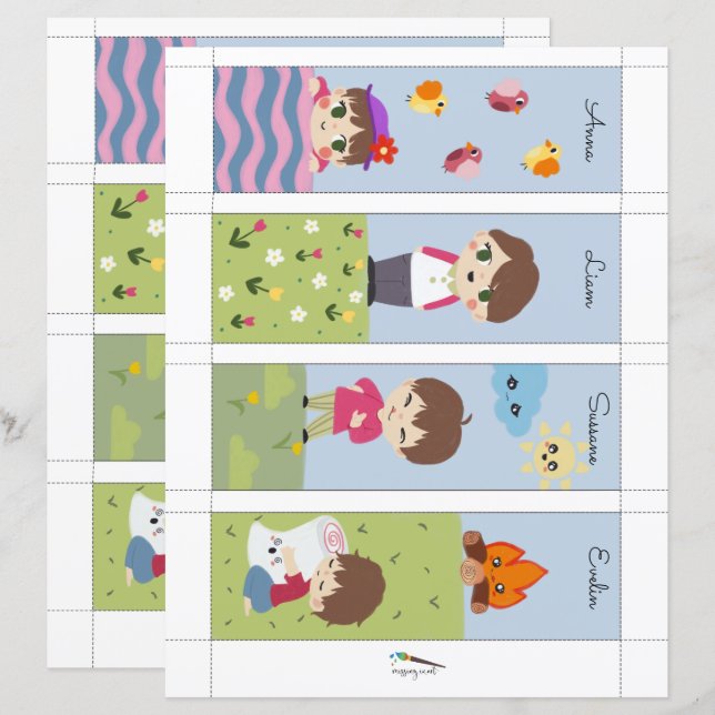 4 Kawaii Camping Friends Editable Bookmarks (Front/Back)