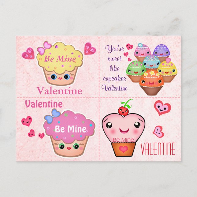 4 Kawaii Cupcake Valentines Cards (Front)