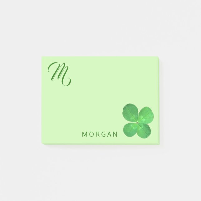 4 Leaf Clover Fun Green Monogram Personalised Post-it Notes (Front)