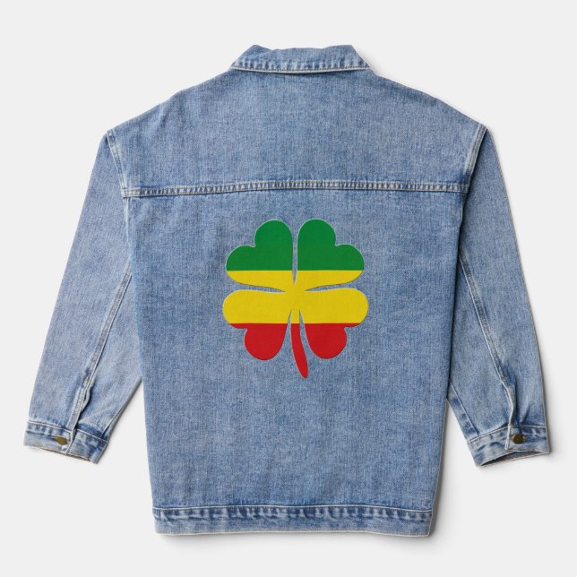 4 Leaf Clover in Red Yellow Green Rasta Denim Jacket (Back)