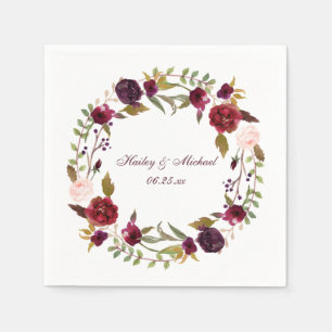 #4 Marsala Burgundy White Roses Leaves Wreath   Napkin