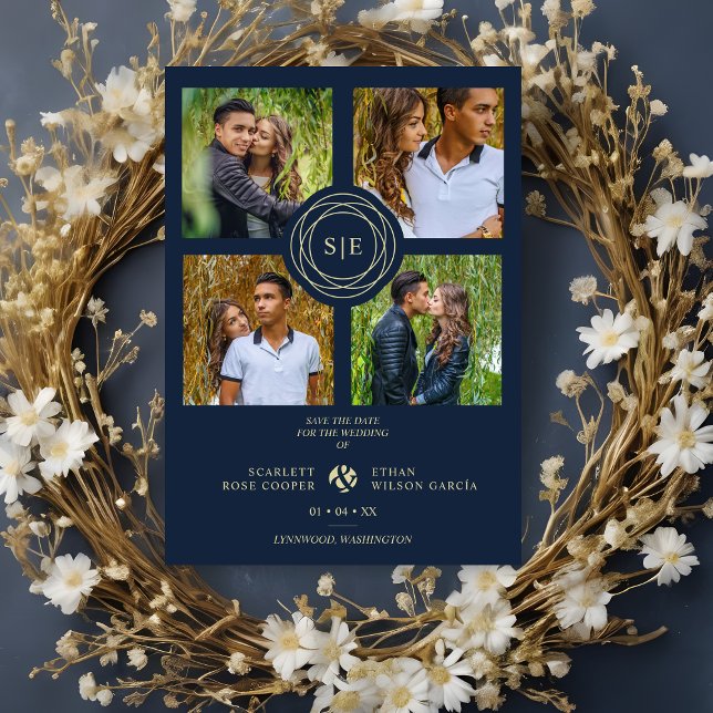 4 Multi Photos Navy Blue & Gold Minimal Initials (4 Multi Photos Navy Blue & Faux Gold Minimal Initials Save the date Magnetic Card. )