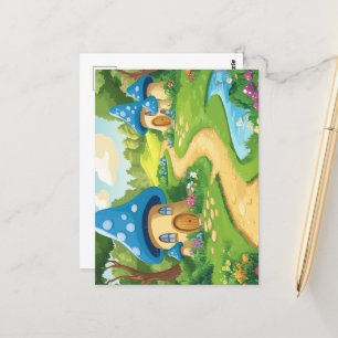 4 Mushroom houses village in forest Postcard