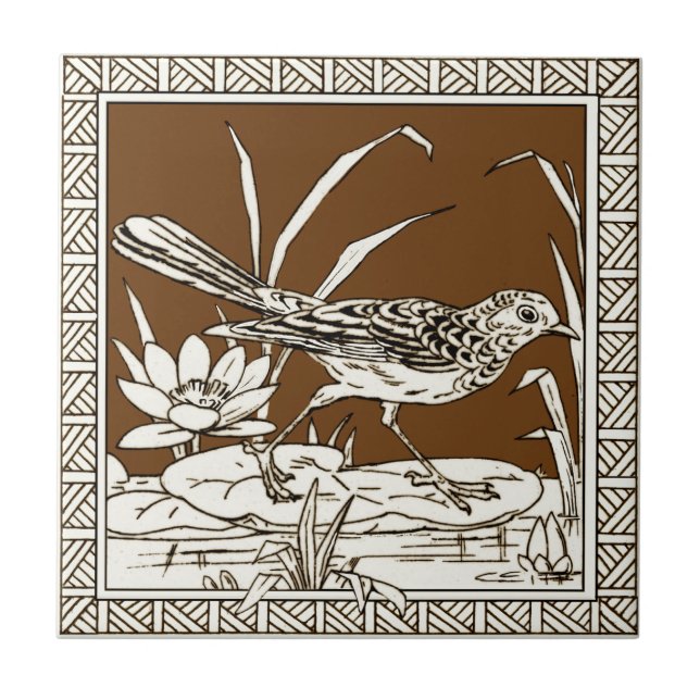 #4 of 12 Repro 1880s Minton Mocha Bird Series Ceramic Tile (Front)