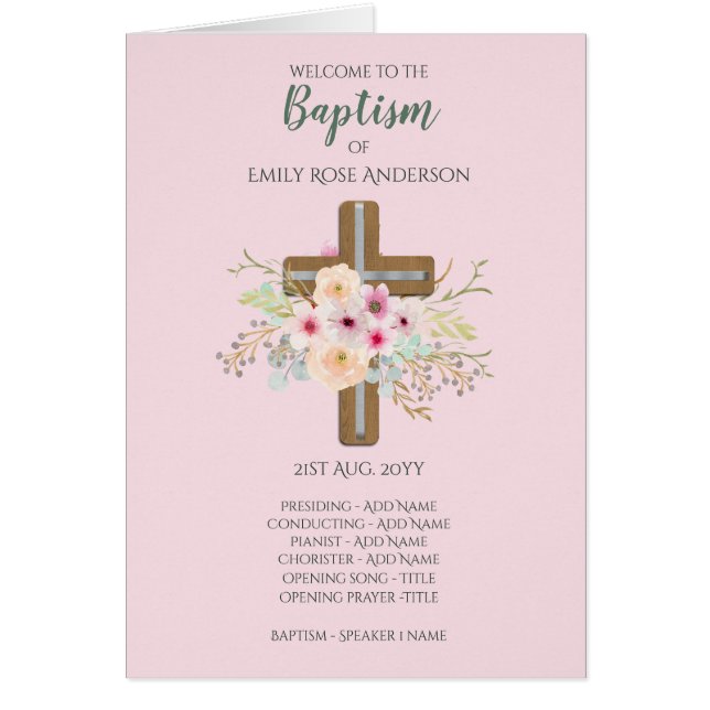 4 page BAPTISM Program - Floral Cross PINK (Front)