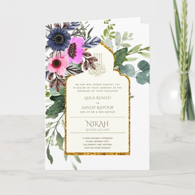 4 Page NIKAH WALIMA Invite Pink Floral Islamic Wed (Front)