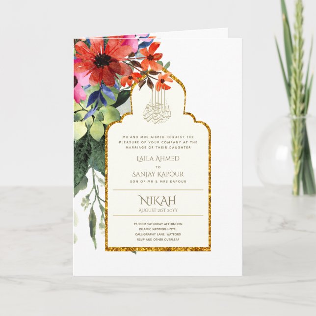 4 Page NIKAH WALIMA Invite Red Floral Islamic Wed (Front)