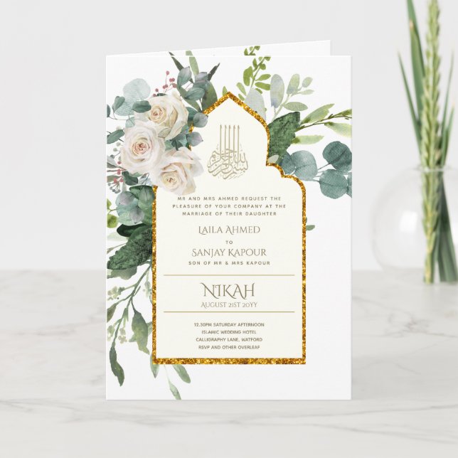 4 Page NIKAH WALIMA Invite White Roses Islamic Wed (Front)