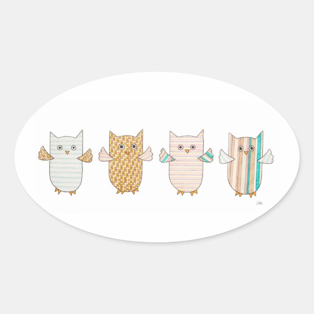 4 Pastel Owls Flying Oval Sticker (Front)