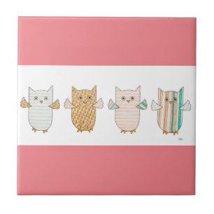 4 Pastel Owls Flying Tile