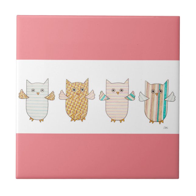 4 Pastel Owls Flying Tile (Front)
