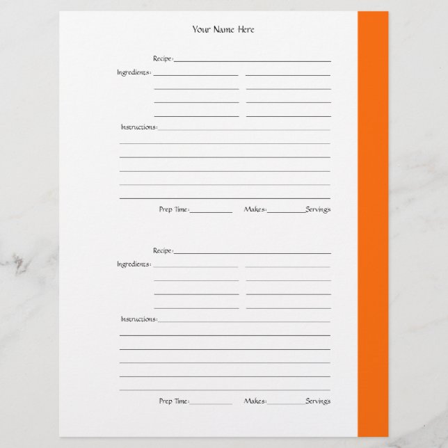 4 per Page - Orange 2-sided Recipe Pages (Front)