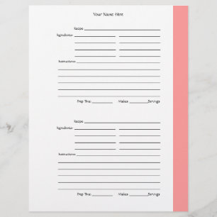 4 per Page - Pink 2-sided Recipe Pages