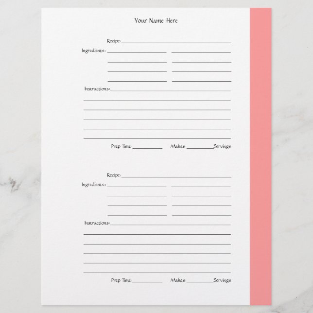4 per Page - Pink 2-sided Recipe Pages (Front)