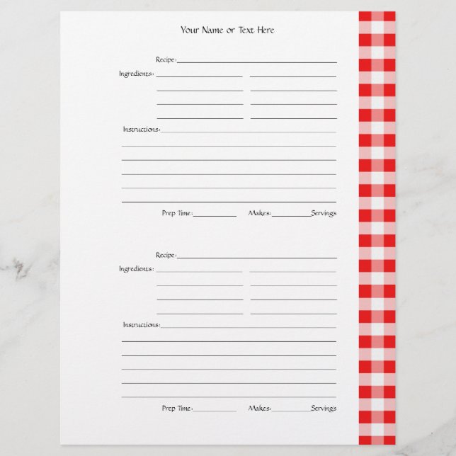 4 per Page - Red Gingham 2-sided Recipe Pages (Front)