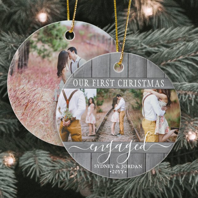 4 Photo 1st Christmas Engaged Grey Faux Wood Round Ceramic Ornament (Creator Uploaded)