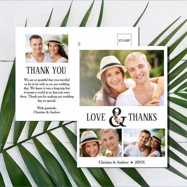 4 Photo (3 + 1) Floral Ampersand Wedding Thank You Postcard (Creator Uploaded)