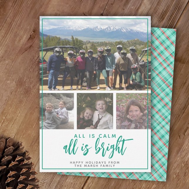 4 Photo - All is Calm Bright - Red Teal Christmas Holiday Card (Creator Uploaded)