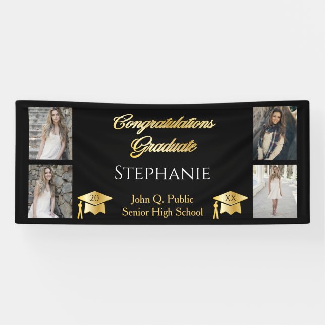 4 Photo Black Gold Congrats Graduate Name School Banner (Horizontal)